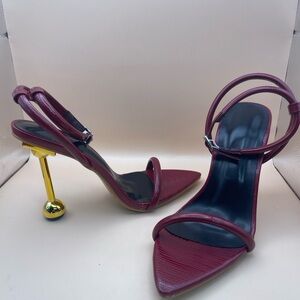 Burgundy Ankle Strap Heels • Gold Sculptural Heel • EU 39 (US 8-8.5)